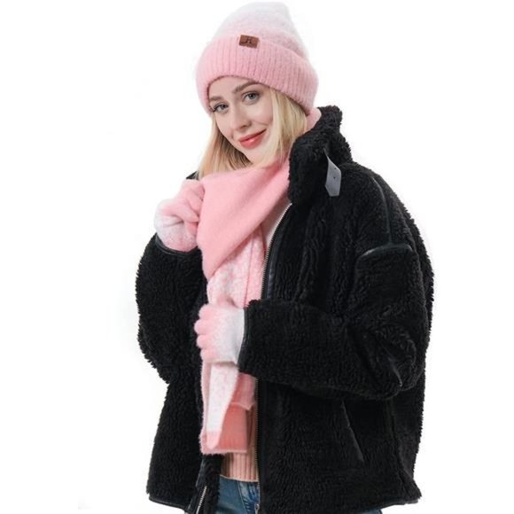 𝅺winter Knitted Warm Set Scarf and Hat Touch Screen Gloves Pink - Picture 2 of 7